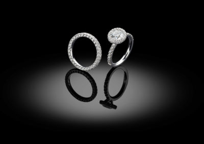 Traditional combination of an engagement and wedding ring, perfectly matched to wear together.